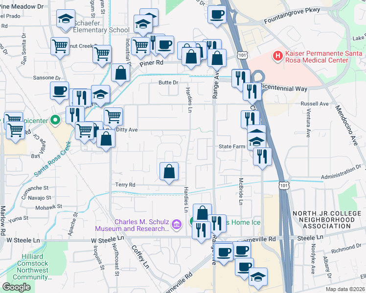 map of restaurants, bars, coffee shops, grocery stores, and more near 126 Anacapa Drive in Santa Rosa