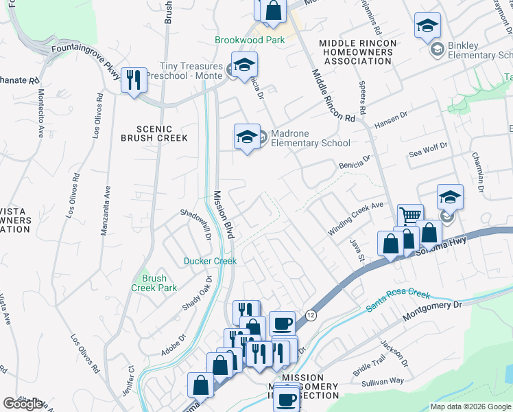 map of restaurants, bars, coffee shops, grocery stores, and more near 4444 Culebra Avenue in Santa Rosa
