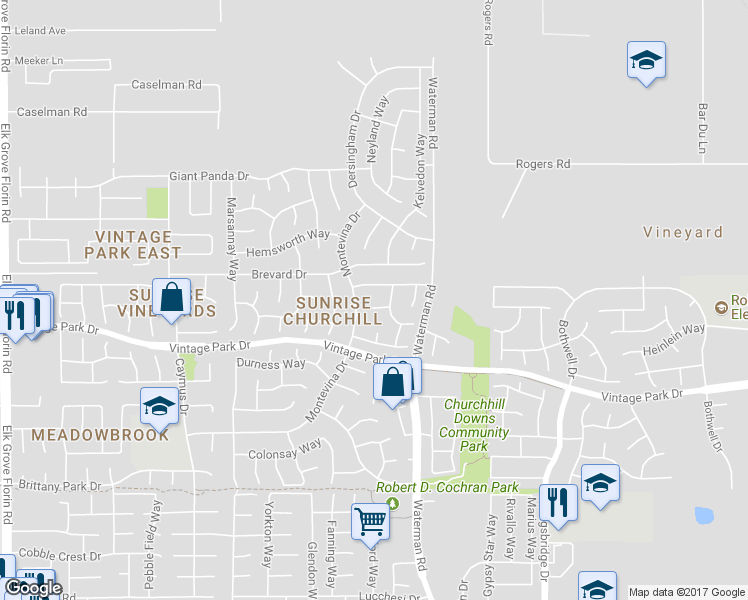 map of restaurants, bars, coffee shops, grocery stores, and more near 9241 Champagne Court in Sacramento