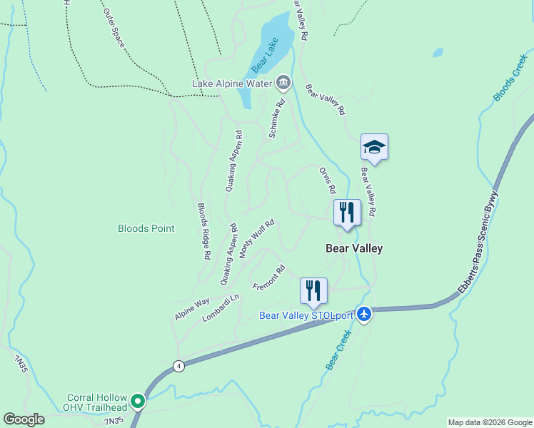map of restaurants, bars, coffee shops, grocery stores, and more near 249 Monty Wolf Road in Bear Valley