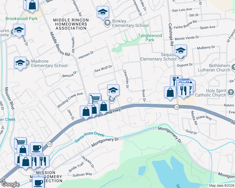 map of restaurants, bars, coffee shops, grocery stores, and more near 5060 Roma Street in Santa Rosa