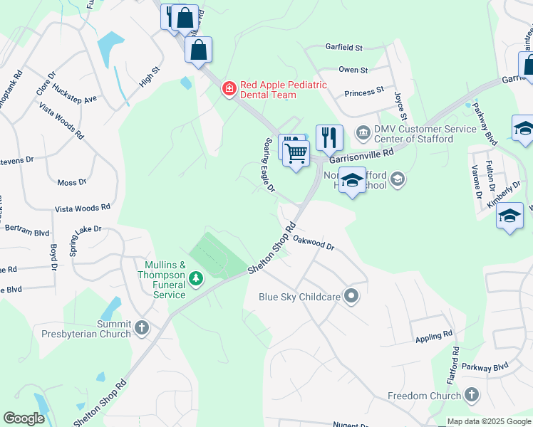 map of restaurants, bars, coffee shops, grocery stores, and more near 96 Shelton Shop Road in Stafford