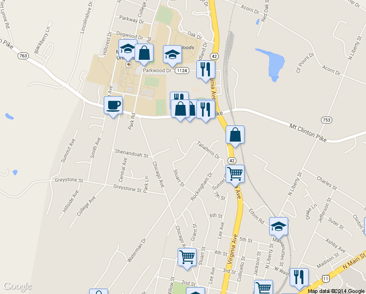 map of restaurants, bars, coffee shops, grocery stores, and more near 1110 Woodleigh Court in Harrisonburg