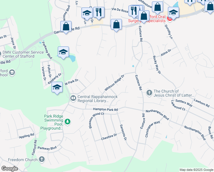 map of restaurants, bars, coffee shops, grocery stores, and more near 1 Fieldstone Court in Stafford