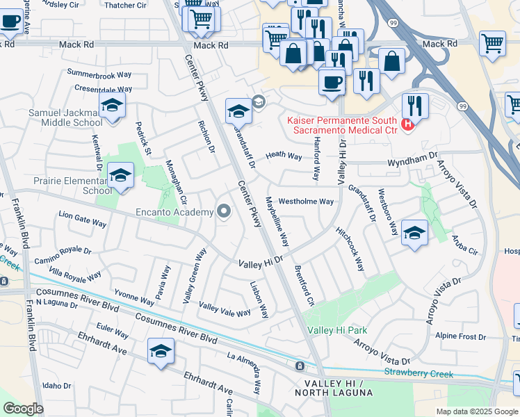 map of restaurants, bars, coffee shops, grocery stores, and more near 8018 Center Parkway in Sacramento