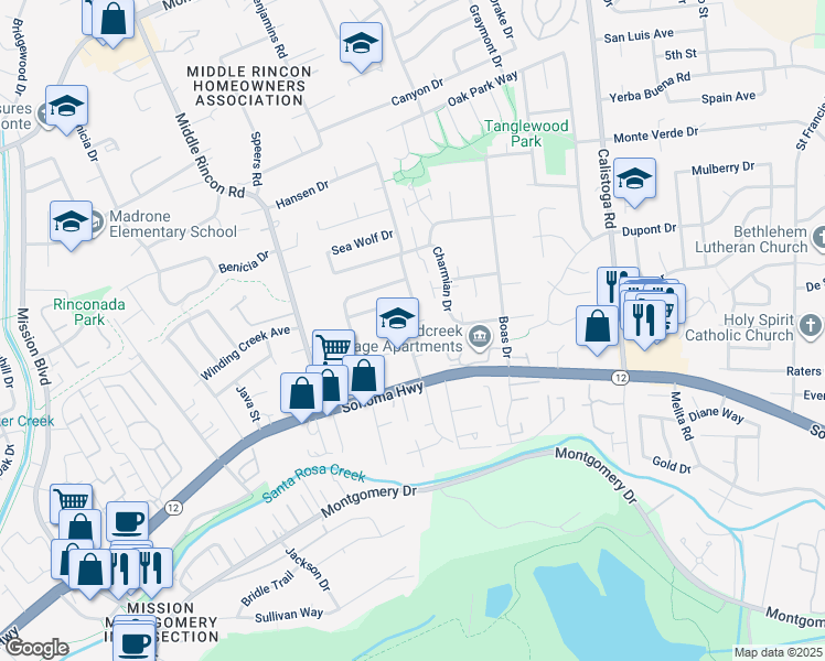 map of restaurants, bars, coffee shops, grocery stores, and more near 5020 Roma Street in Santa Rosa
