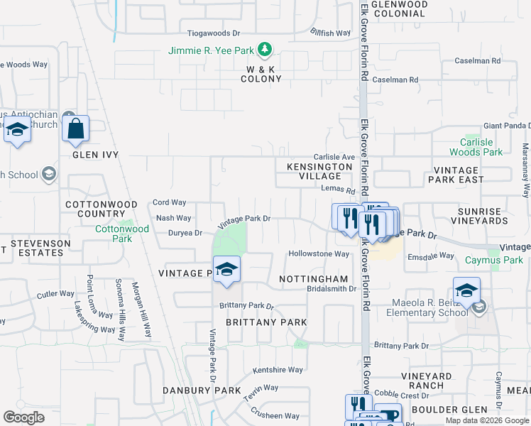map of restaurants, bars, coffee shops, grocery stores, and more near 8029 Helmsdale Drive in Sacramento