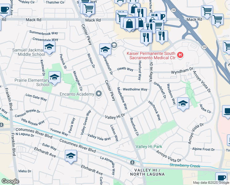 map of restaurants, bars, coffee shops, grocery stores, and more near 8018 Center Parkway in Sacramento