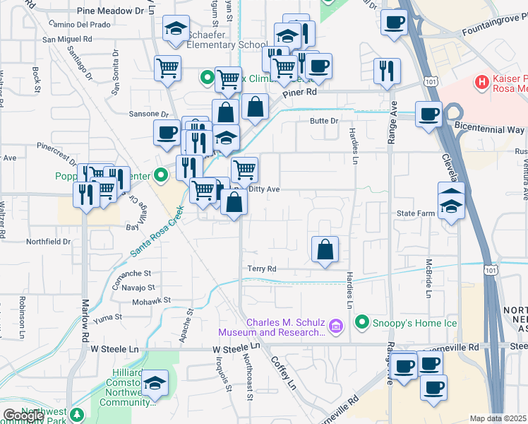 map of restaurants, bars, coffee shops, grocery stores, and more near 2021 Bluebell Drive in Santa Rosa