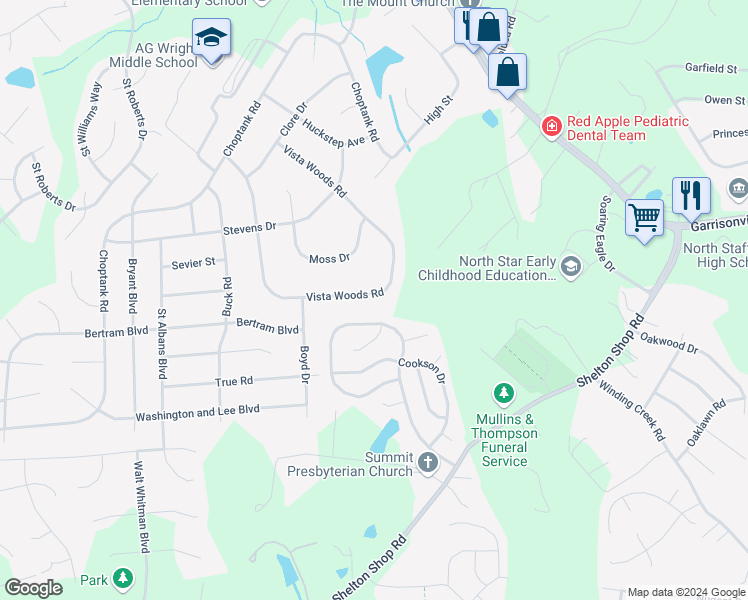 map of restaurants, bars, coffee shops, grocery stores, and more near 57 Vista Woods Road in Stafford