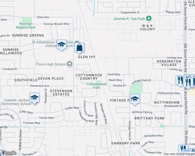 map of restaurants, bars, coffee shops, grocery stores, and more near 8555 Wolfboro Court in Sacramento