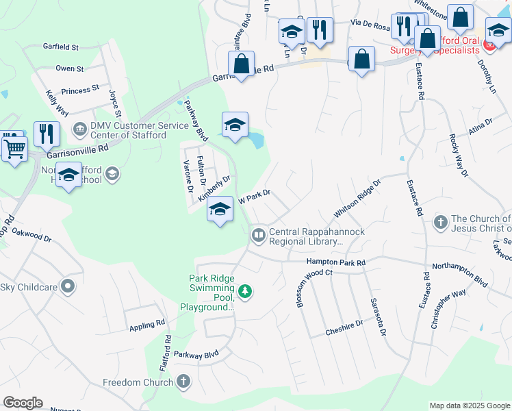 map of restaurants, bars, coffee shops, grocery stores, and more near 128 Fiddlers Court in Stafford