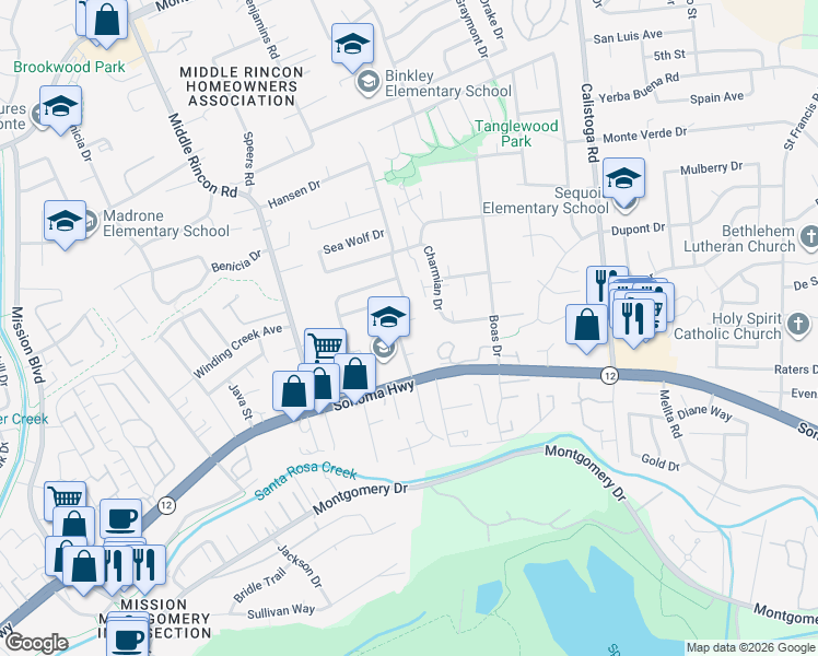 map of restaurants, bars, coffee shops, grocery stores, and more near 5060 Roma Street in Santa Rosa