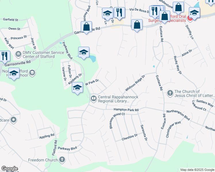 map of restaurants, bars, coffee shops, grocery stores, and more near 103 Park Cove Drive in Stafford