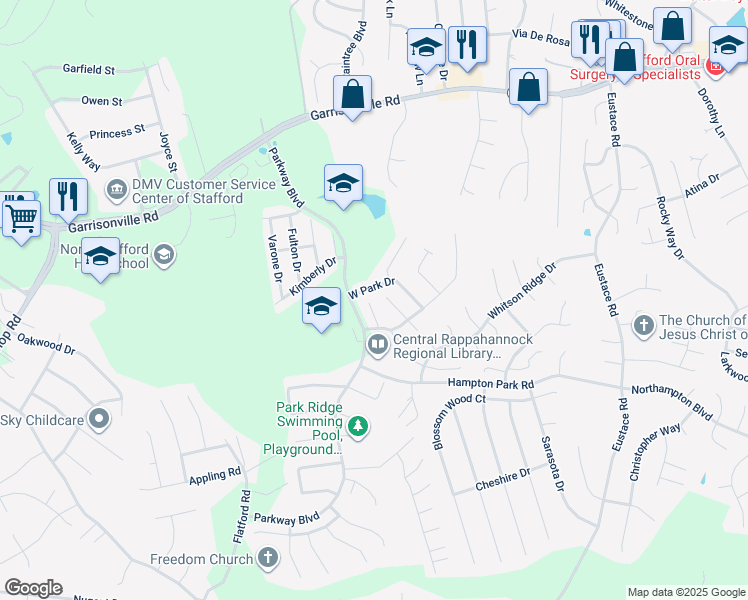 map of restaurants, bars, coffee shops, grocery stores, and more near 128 Fiddlers Court in Stafford