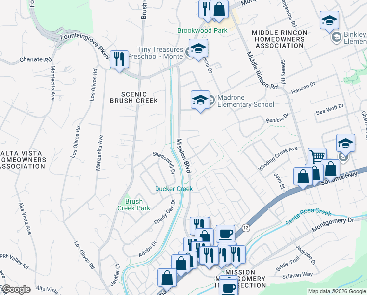 map of restaurants, bars, coffee shops, grocery stores, and more near 1804 Mission Boulevard in Santa Rosa