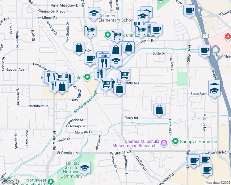 map of restaurants, bars, coffee shops, grocery stores, and more near 2111 Bluebell Drive in Santa Rosa