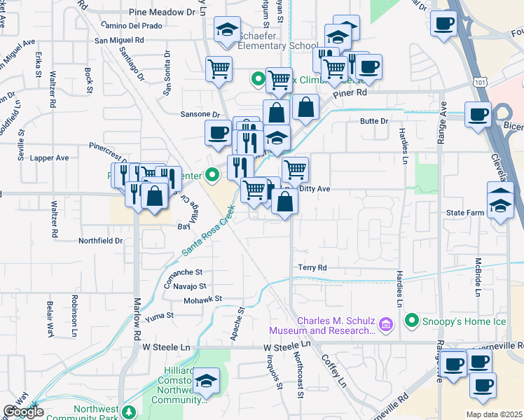 map of restaurants, bars, coffee shops, grocery stores, and more near 2221 Bluebell Drive in Santa Rosa