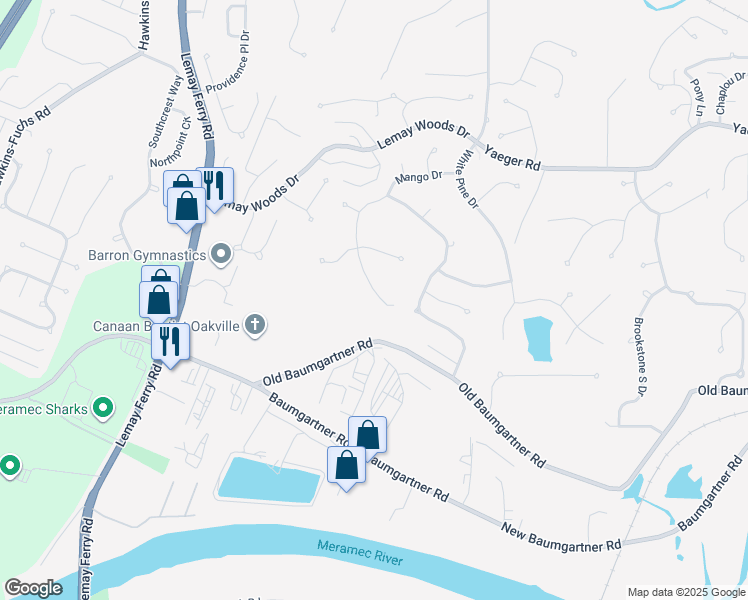 map of restaurants, bars, coffee shops, grocery stores, and more near 5843 Mango Drive in St. Louis