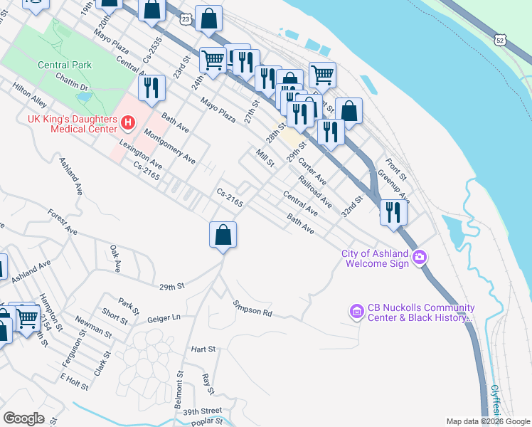 map of restaurants, bars, coffee shops, grocery stores, and more near 2900-3098 Montgomery Ave in Ashland