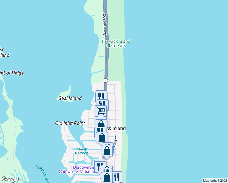 map of restaurants, bars, coffee shops, grocery stores, and more near 7 King Street in Fenwick Island