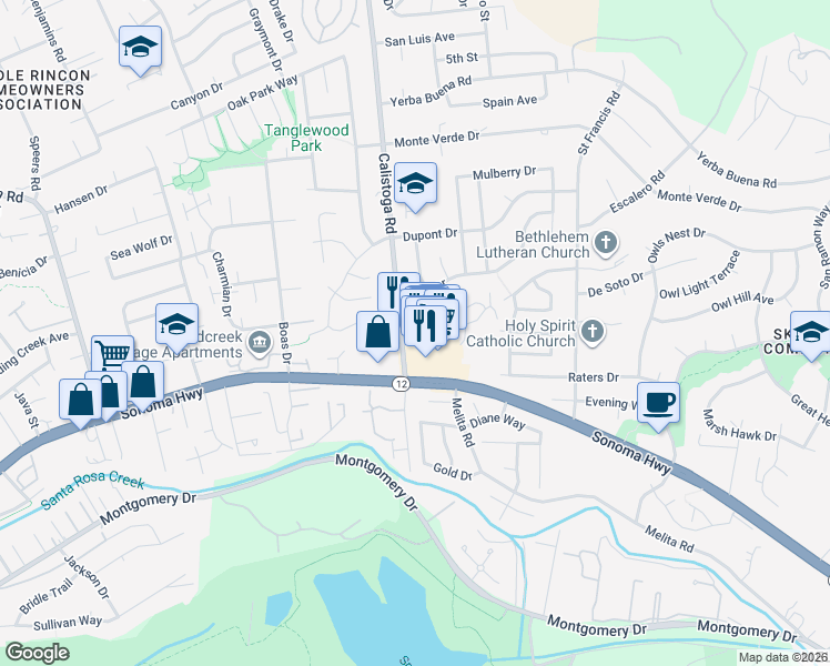 map of restaurants, bars, coffee shops, grocery stores, and more near 106 Calistoga Road in Santa Rosa