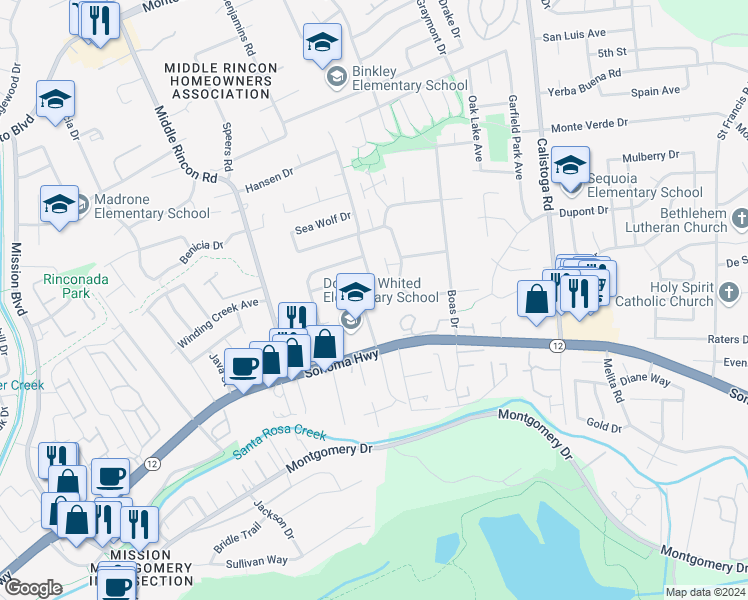map of restaurants, bars, coffee shops, grocery stores, and more near 5060 Roma Street in Santa Rosa