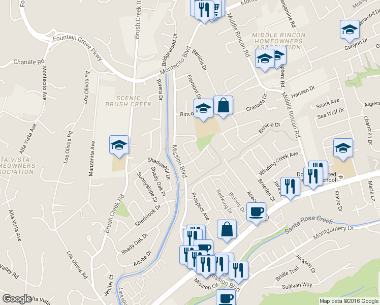 map of restaurants, bars, coffee shops, grocery stores, and more near 1804 Mission Boulevard in Santa Rosa