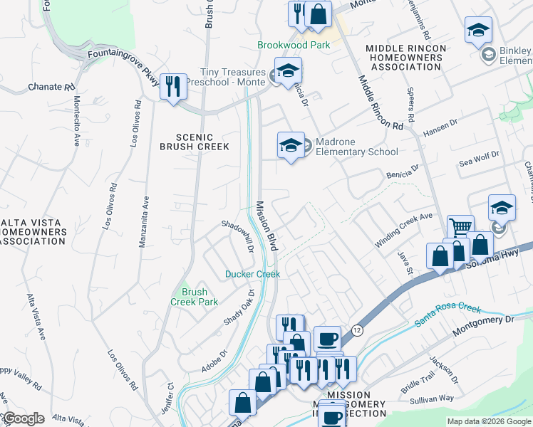 map of restaurants, bars, coffee shops, grocery stores, and more near 1804 Mission Boulevard in Santa Rosa