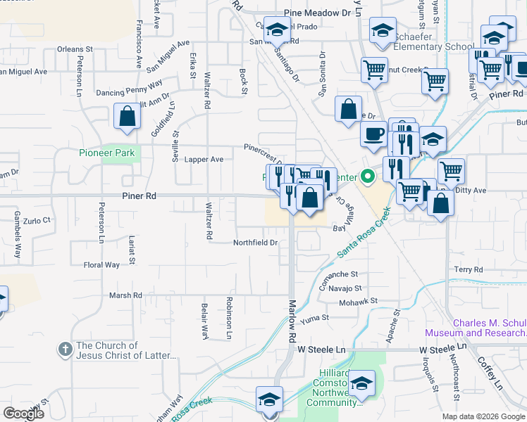 map of restaurants, bars, coffee shops, grocery stores, and more near 2828 Bay Village Avenue in Santa Rosa