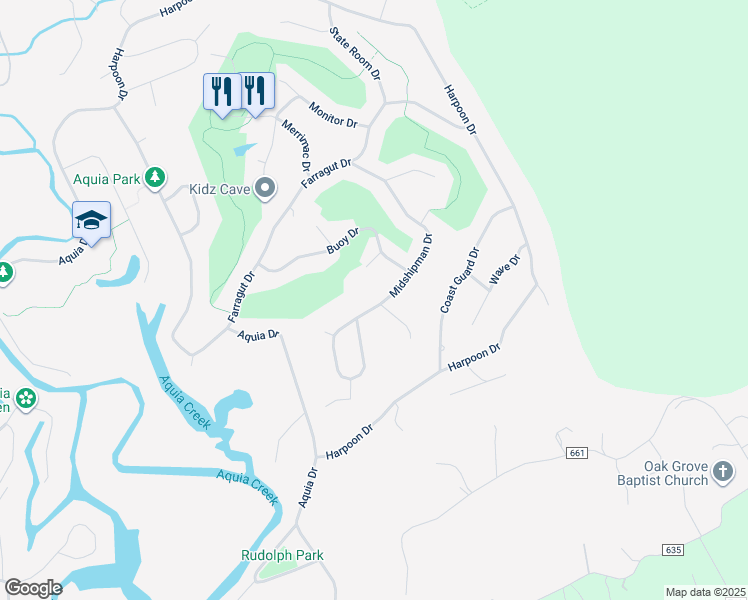 map of restaurants, bars, coffee shops, grocery stores, and more near 2045 Midshipman Dr in Stafford