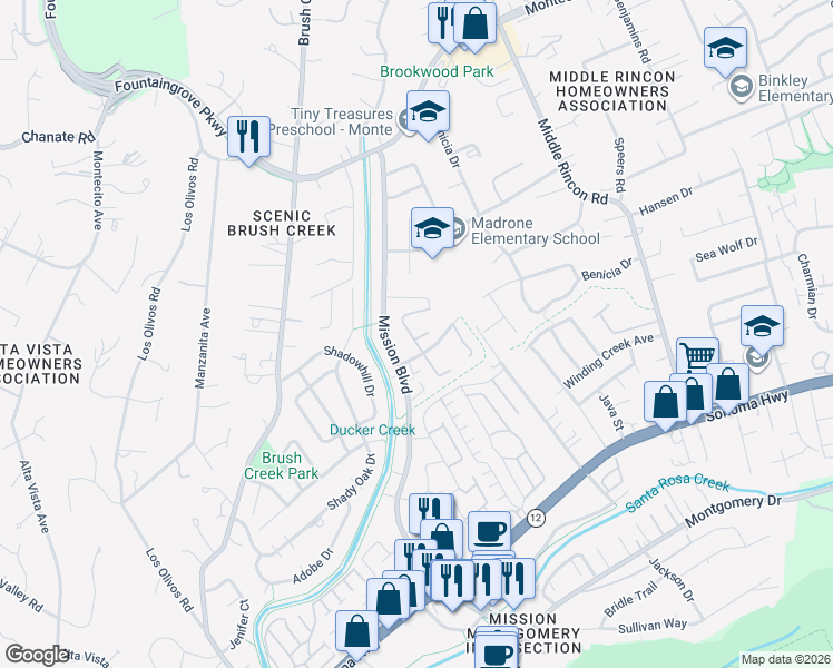 map of restaurants, bars, coffee shops, grocery stores, and more near 1834 Primavera Drive in Santa Rosa