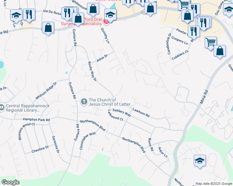 map of restaurants, bars, coffee shops, grocery stores, and more near 65 Larkwood Court in Stafford