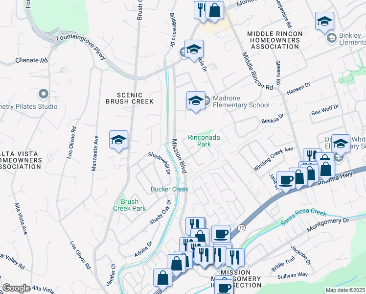 map of restaurants, bars, coffee shops, grocery stores, and more near 1843 Primavera Drive in Santa Rosa