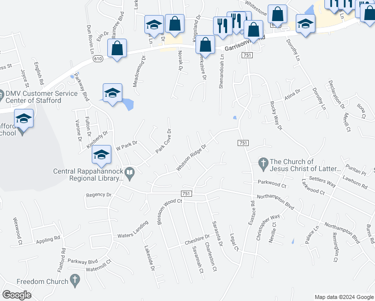 map of restaurants, bars, coffee shops, grocery stores, and more near 3 Fieldstone Court in Stafford