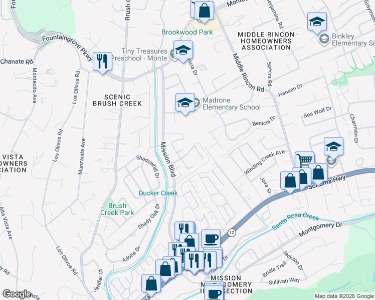 map of restaurants, bars, coffee shops, grocery stores, and more near 4444 Culebra Avenue in Santa Rosa