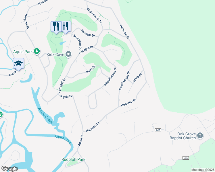map of restaurants, bars, coffee shops, grocery stores, and more near 2042 Midshipman Drive in Stafford