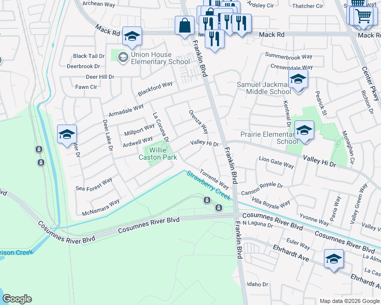 map of restaurants, bars, coffee shops, grocery stores, and more near 4465 Valverde Way in Sacramento