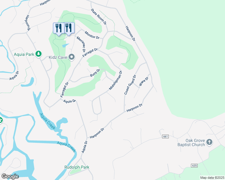 map of restaurants, bars, coffee shops, grocery stores, and more near 2042 Midshipman Drive in Stafford