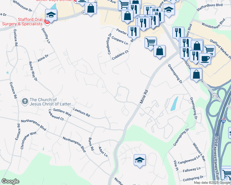 map of restaurants, bars, coffee shops, grocery stores, and more near 1108 Pinnacle Drive in Stafford