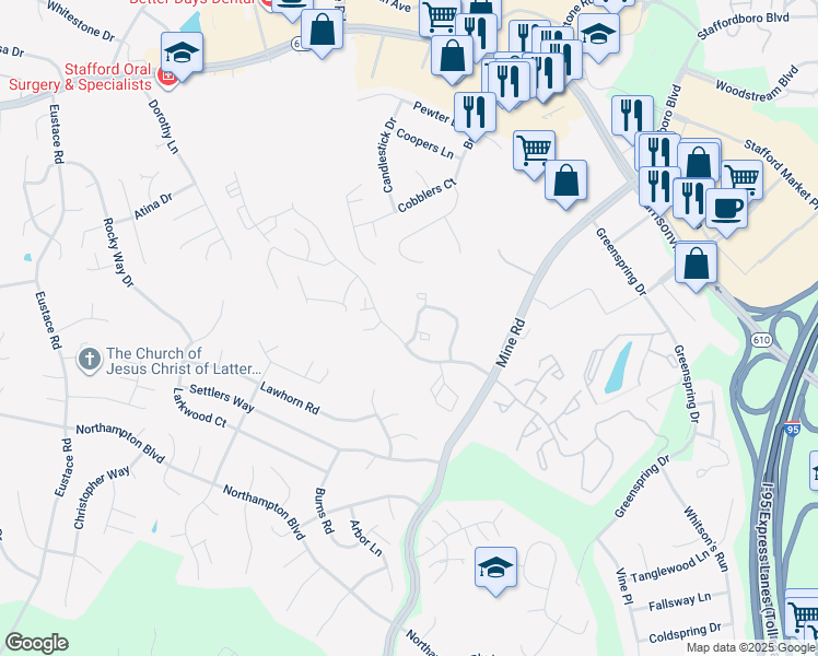 map of restaurants, bars, coffee shops, grocery stores, and more near 1108 Pinnacle Drive in Stafford