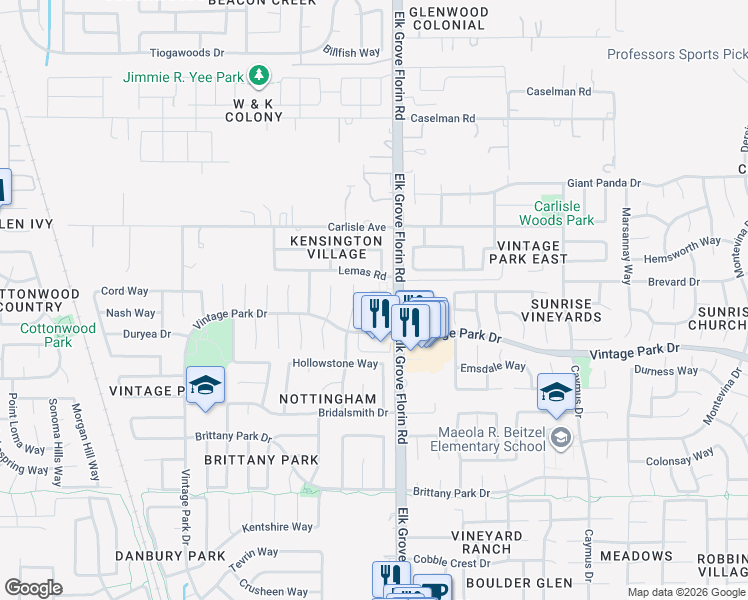 map of restaurants, bars, coffee shops, grocery stores, and more near 8861 Vintage Park Drive in Sacramento