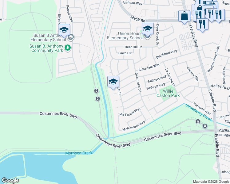 map of restaurants, bars, coffee shops, grocery stores, and more near 23 Breland Court in Sacramento