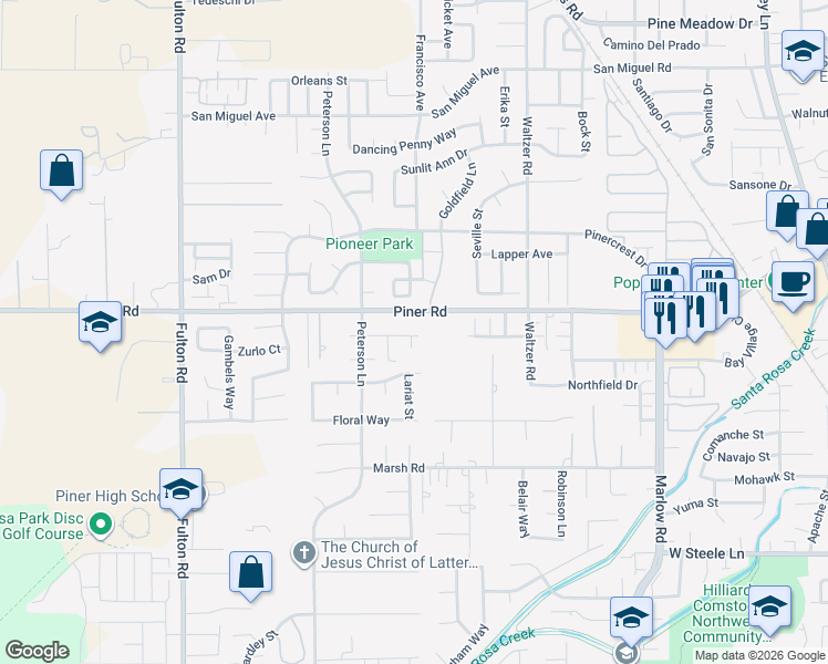 map of restaurants, bars, coffee shops, grocery stores, and more near 2200 Piner Road in Santa Rosa