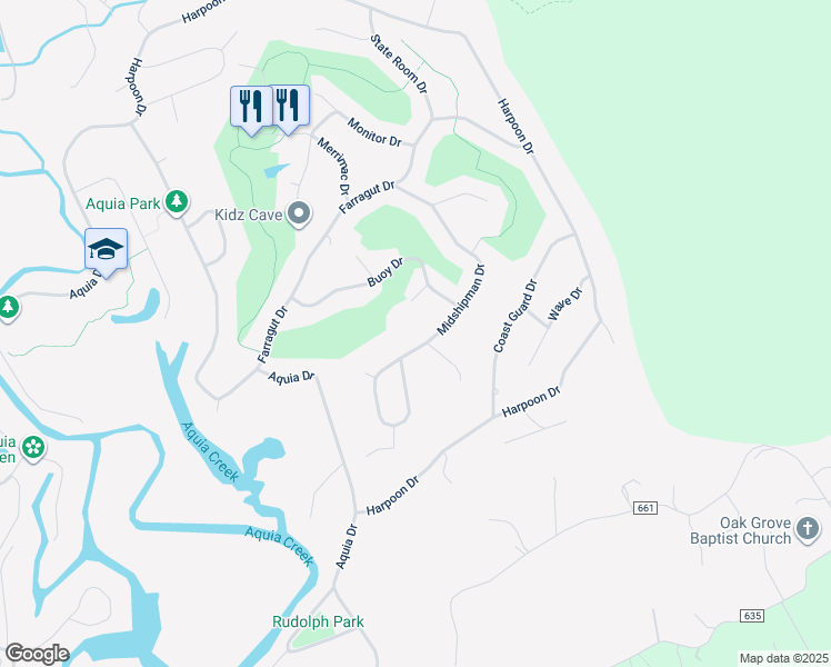 map of restaurants, bars, coffee shops, grocery stores, and more near 2045 Midshipman Dr in Stafford
