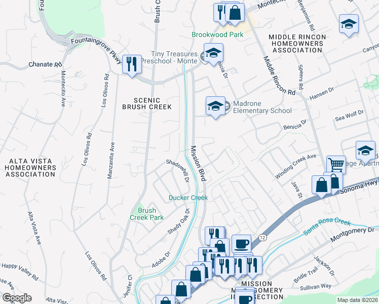 map of restaurants, bars, coffee shops, grocery stores, and more near 1851 Mission Boulevard in Santa Rosa