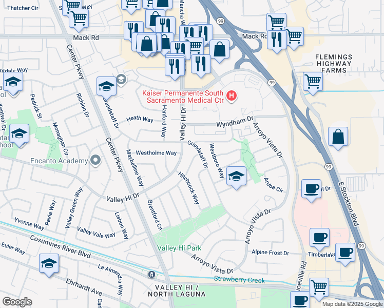 map of restaurants, bars, coffee shops, grocery stores, and more near 6551 Weatherford Way in Sacramento