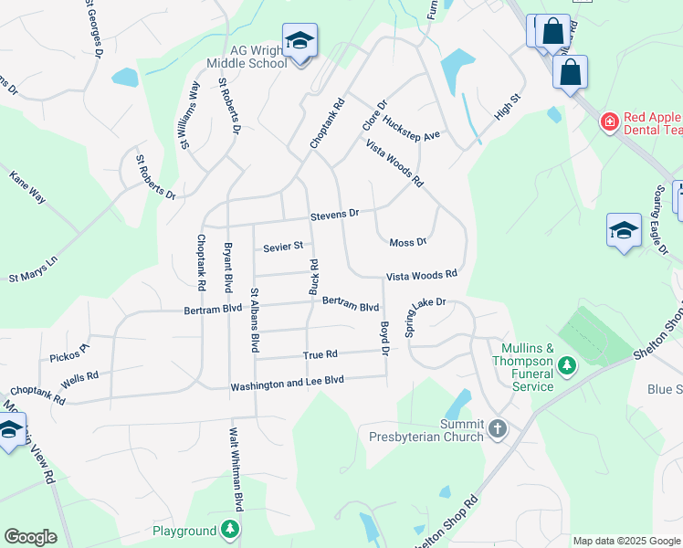 map of restaurants, bars, coffee shops, grocery stores, and more near 91 Vista Woods Road in Stafford