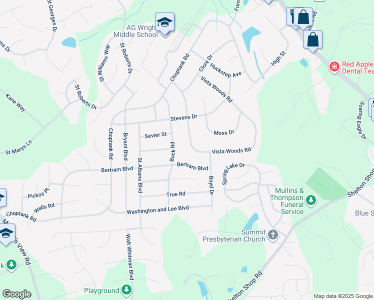 map of restaurants, bars, coffee shops, grocery stores, and more near 91 Vista Woods Road in Stafford