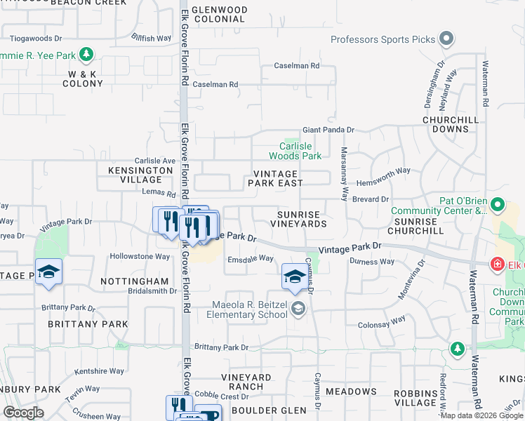 map of restaurants, bars, coffee shops, grocery stores, and more near 9029 Merlot Way in Sacramento